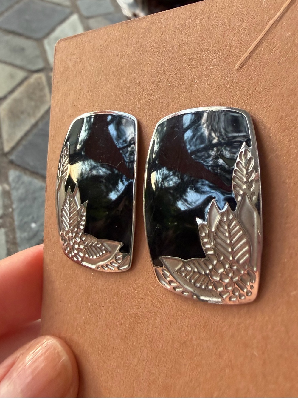 Vintage Edgar Berebi Black Enamel Silver Tone Stud Earrings